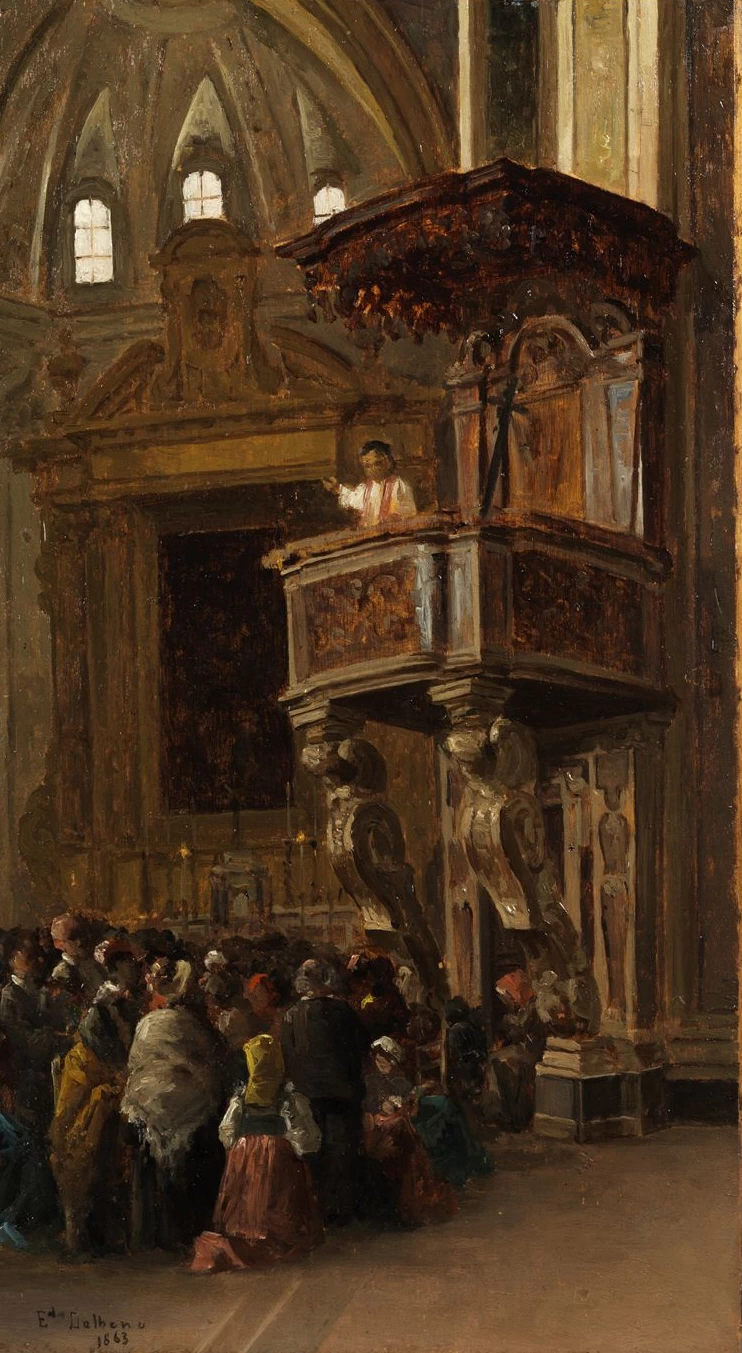 Interno della chiesa con pulpito e sacerdote predicatore